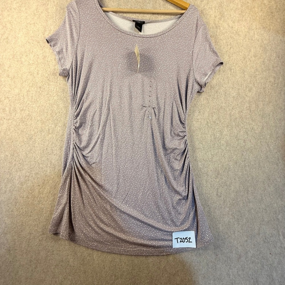 Ann Taylor Mauve Polka Dot Ruched Side Scoop Neck Short Sleeve Top Large NWT